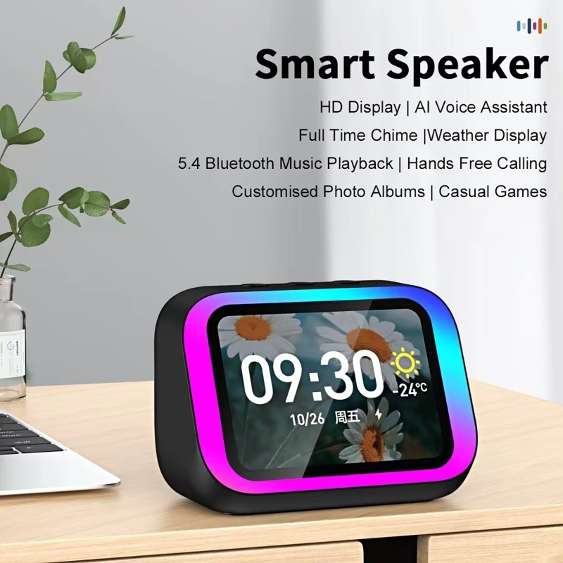 Full Range Speaker - AI音声アシスタント Bluetoothスピーカー RGBカラー照明付き目覚まし時計 LEDスクリーン天気時計表示 電子スピーカー