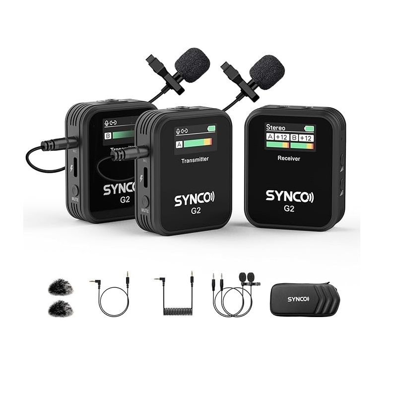 Condenser Microphone Kit - SYNCO ワイヤレスラベリアマイク、G2(A2) 2.4G デュアルトランスミッター 48KHz 24Bit