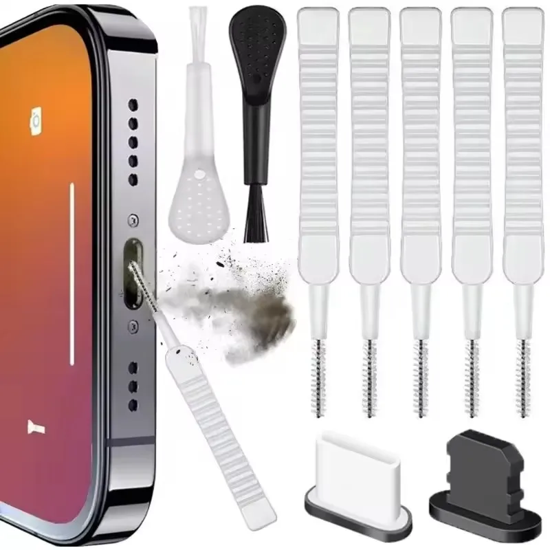 Diy Headphone - iPhone 16、15、14用、およびSamsung、Xiaomi用のモバイルフォンスピーカー充電ポートクリーニングセット。イヤホンクリーニングキット、ブラシ、防塵プラグ付き。